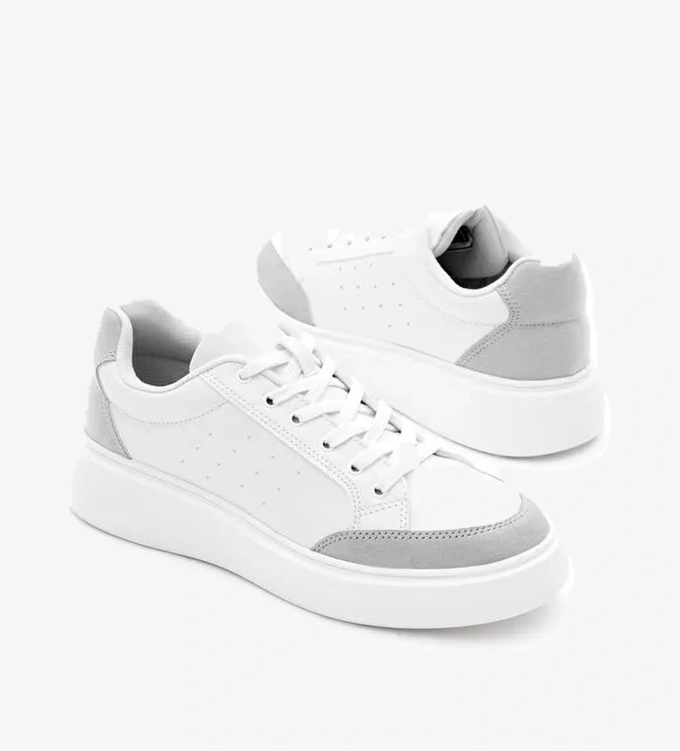 Kadın Beyaz Gri Rahat Kalıp Yüksek Poli Taban Bağcıklı Spor Ayakkabı