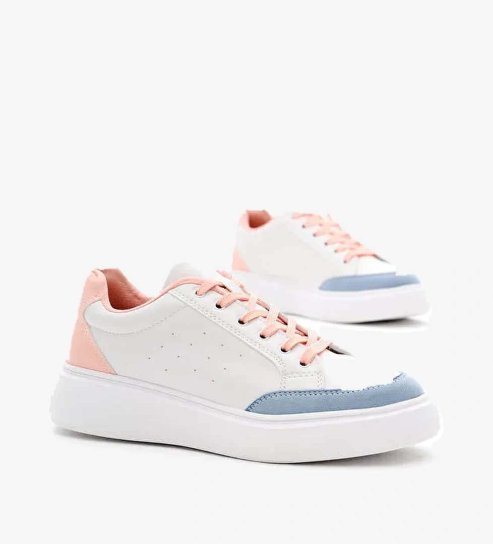 Kadın Beyaz Pudra Rahat Kalıp Yüksek Poli Taban Bağcıklı Spor Ayakkabı