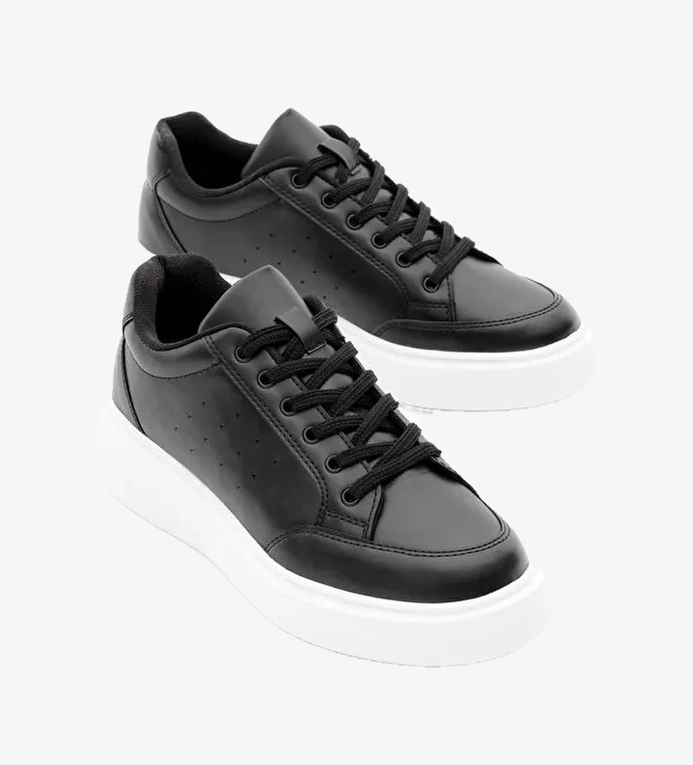 Kadın Siyah Rahat Kalıp Yüksek Poli Taban Bağcıklı Spor Ayakkabı - Görsel 1