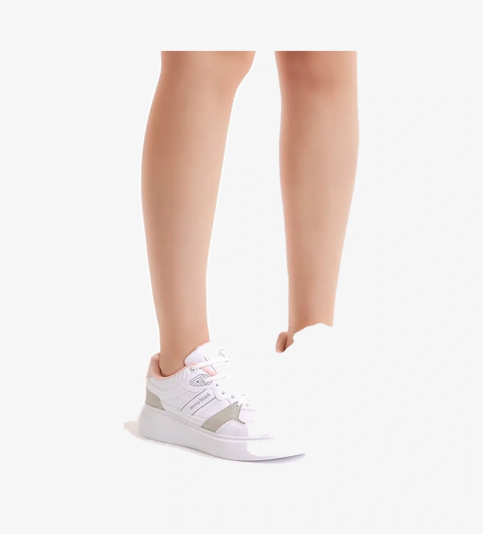 Kadın Beyaz Gri Yüksek Poli Taban Yanı Şeritli Bağcıklı Spor Ayakkabı