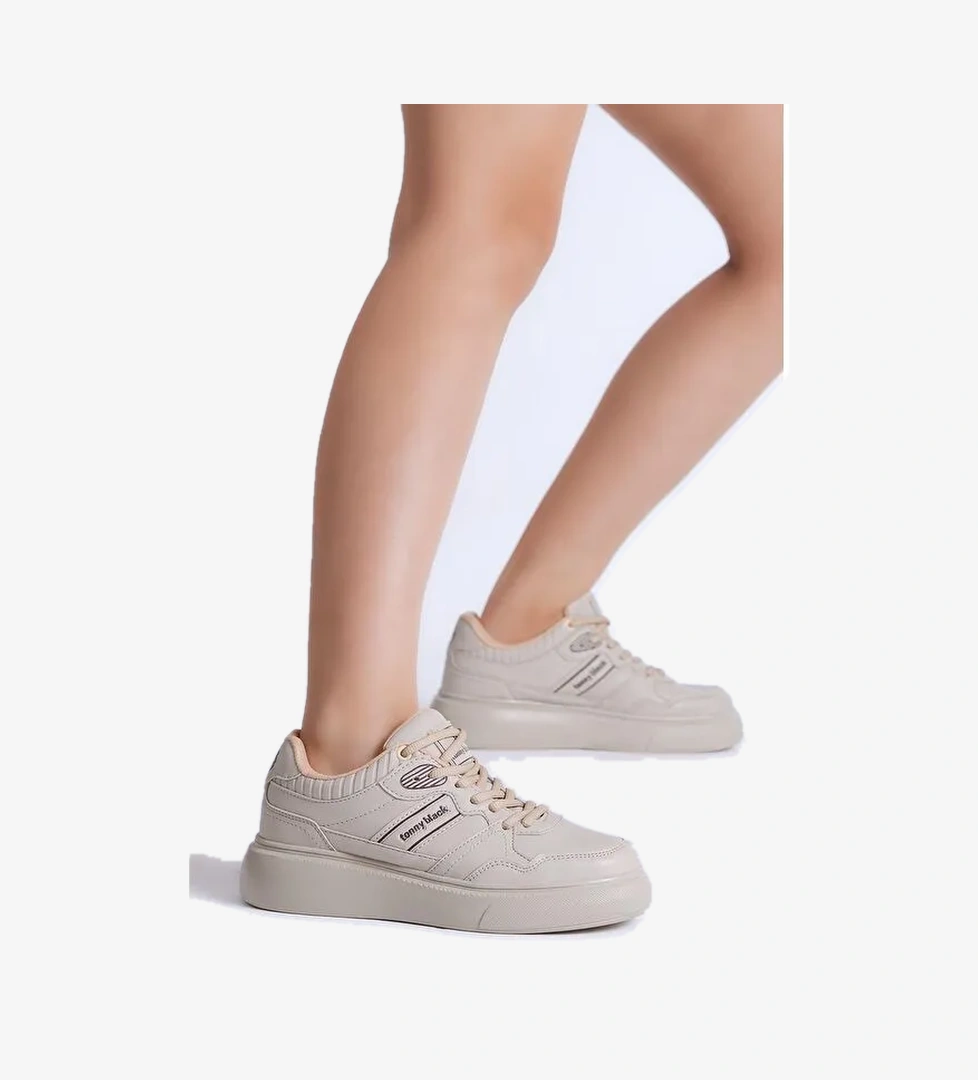 Kadın Bej Beyaz Siyah Poli Taban Yanı Şeritli Bağcıklı Sneaker