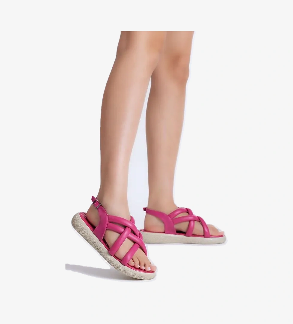 Kadın Fuşya Cilt Çapraz Çift Bantlı Sandalet - Görsel 1