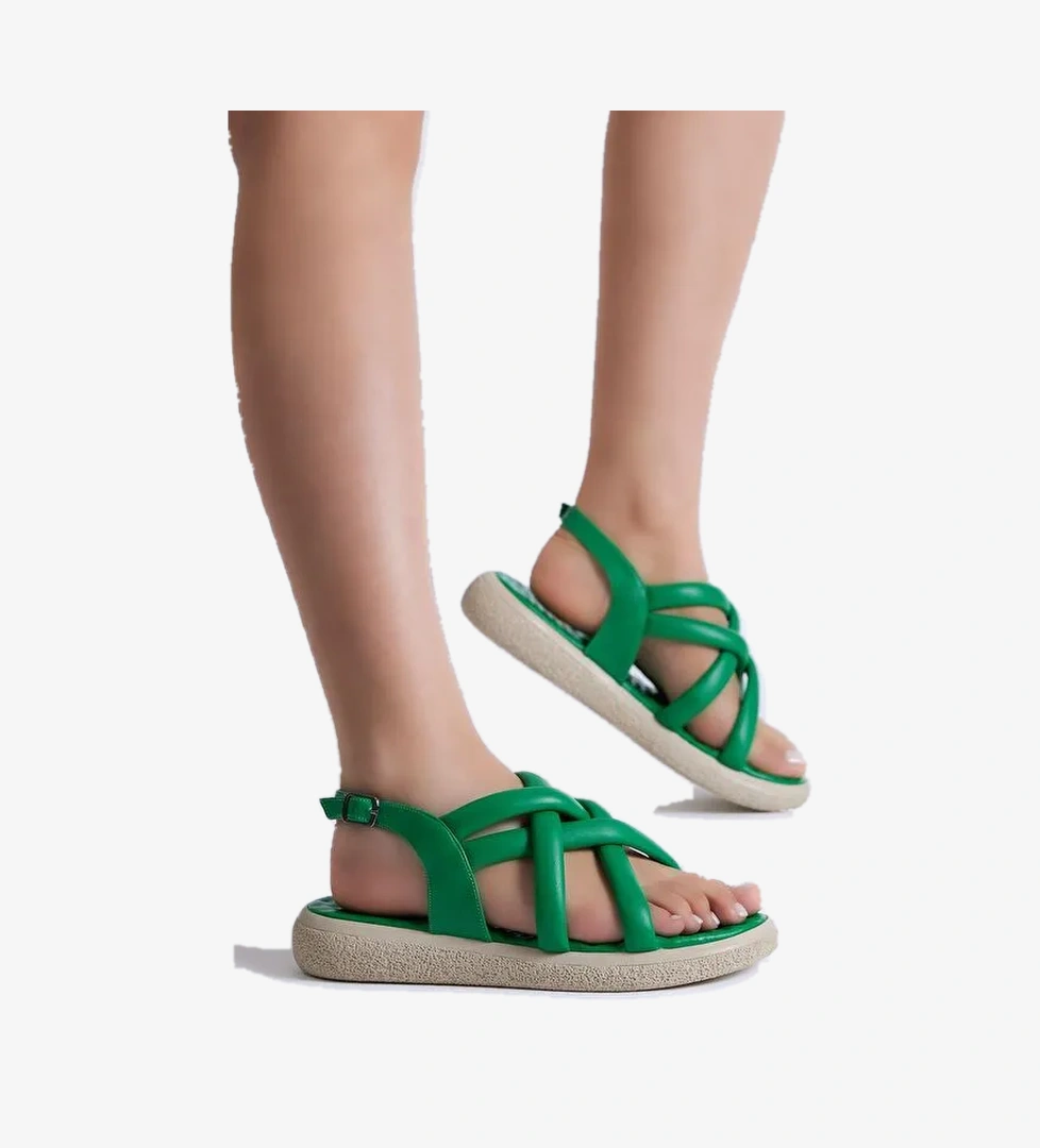 Kadın Yeşil Cilt Çapraz Çift Bantlı Sandalet