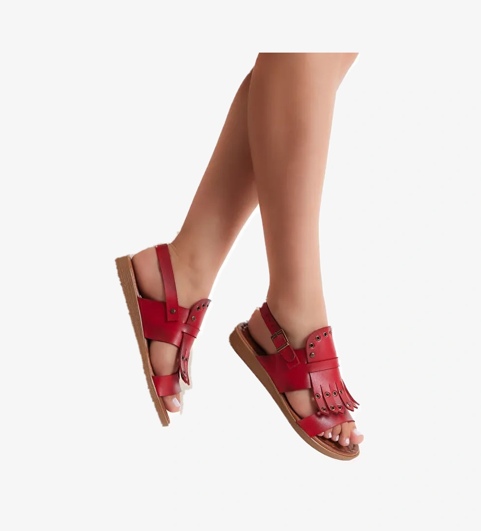 Kadın Kırmızı Rahat Kalıp Püskül Detaylı Sandalet - Görsel 1