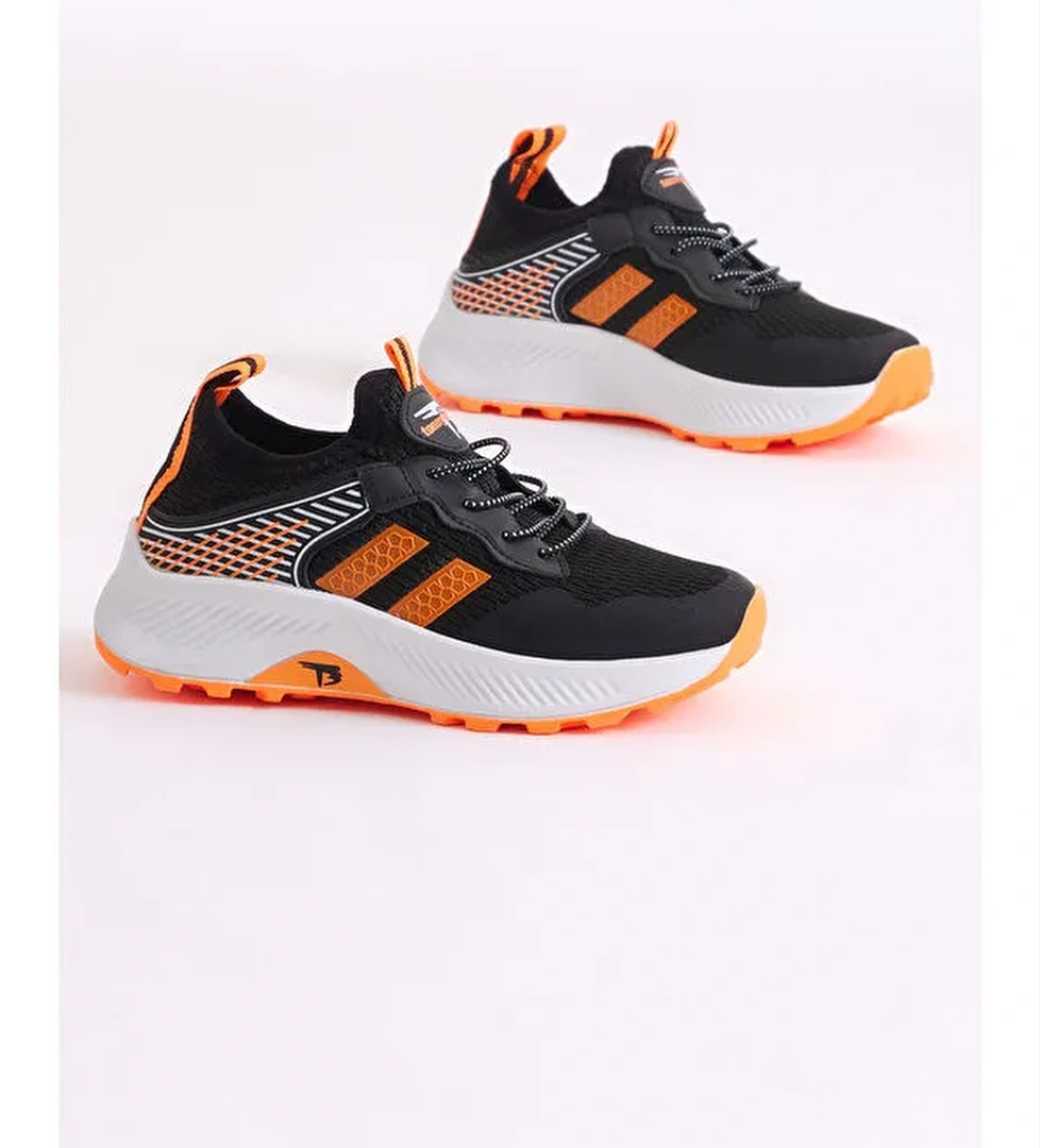 Çocuk Unisex Siyah Oranj Rahat Kalıp Nefes Alabilen Kumaş Bağcıklı Sneaker