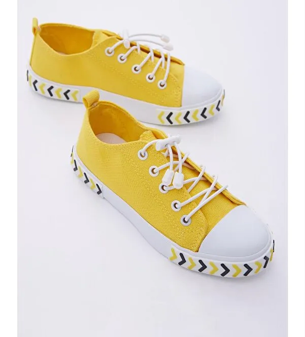 Çocuk Unisex Sarı Rahat Kalıp Ok Detaylı Lastik Bağcıklı Kumaş Spor Ayakkabı