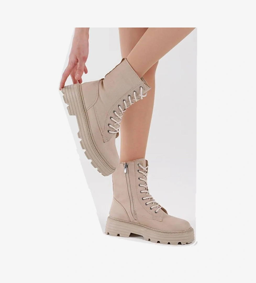 Kadın Krem Süet Poli Taban Rahat Kalıp Bağcıklı Bot