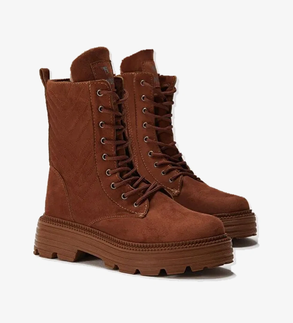 Kadın Taba Süet Desenli Rahat Kalıp Bağcıklı Bot