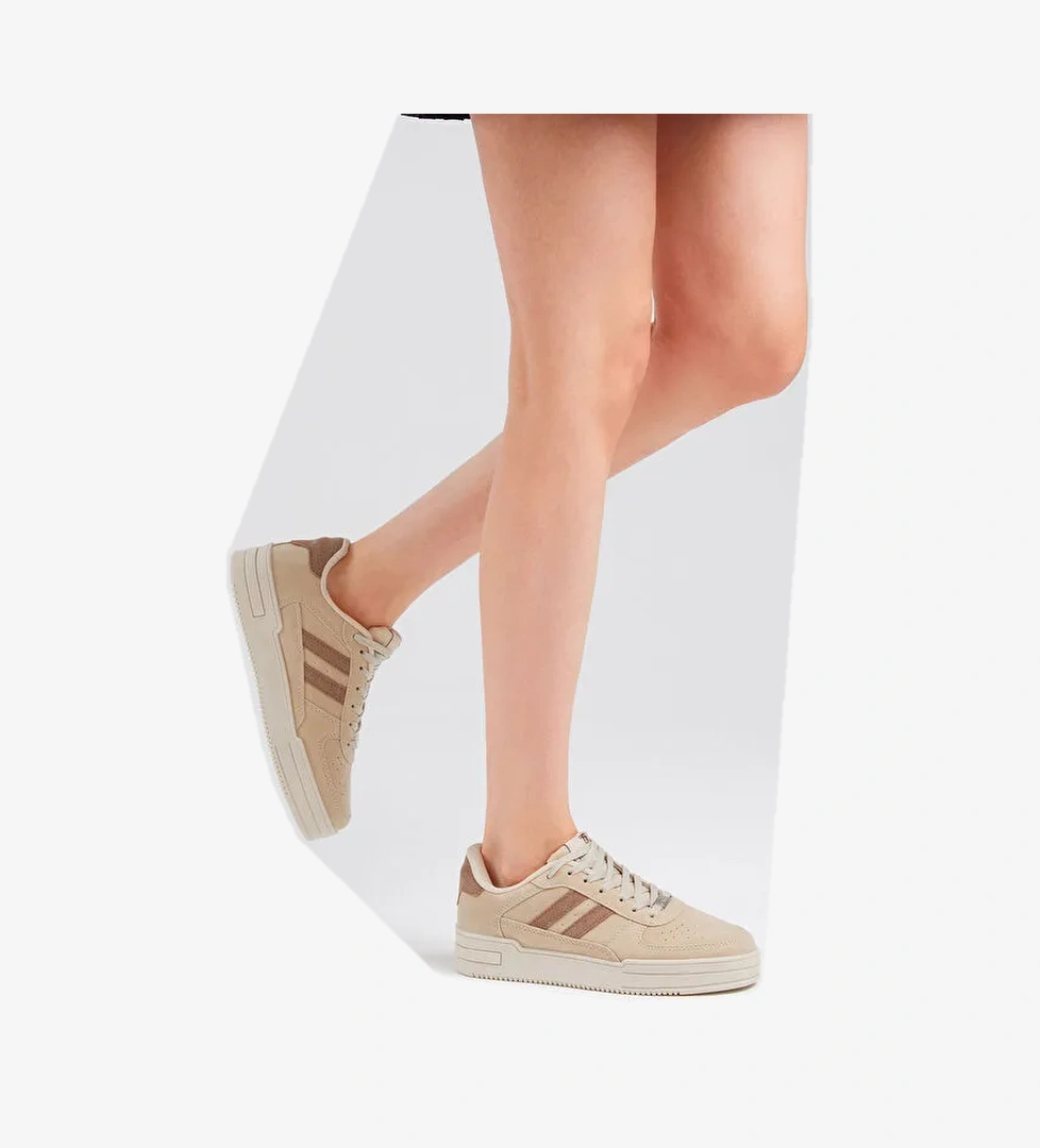 Unisex Bej Kahve Yanı Çizgili Bağcıklı Rahat Kalıp Sneaker - Görsel 1