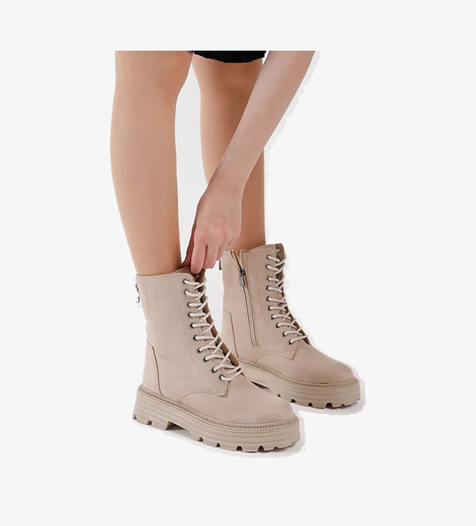 Kadın Krem Süet Poli Taban Arkası Fermuar Detaylı Bağcıklı ve Fermuarlı Bot