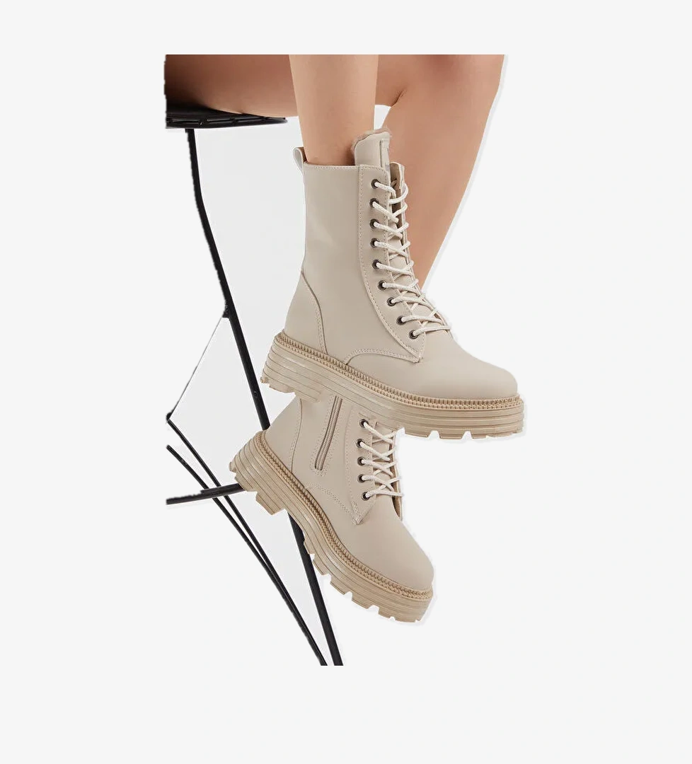 Kadın Krem Cilt Rahat Kalıp Kalın Taban Bağcıklı ve Fermuarlı Bot