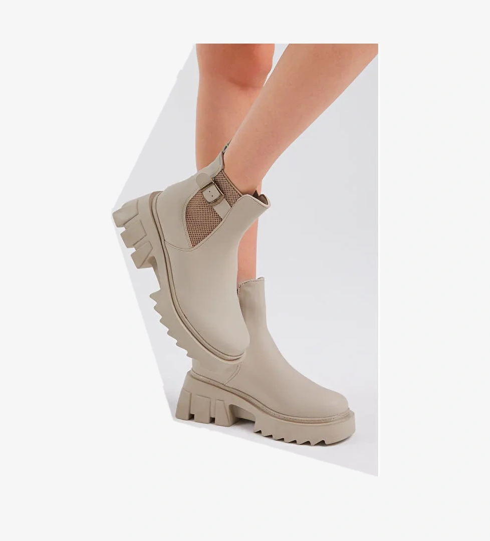 Tonny Black Kadın Krem Süet Cilt Rahat Kalıp Kalın Taban Tokalı Lastikli Bot model görseli