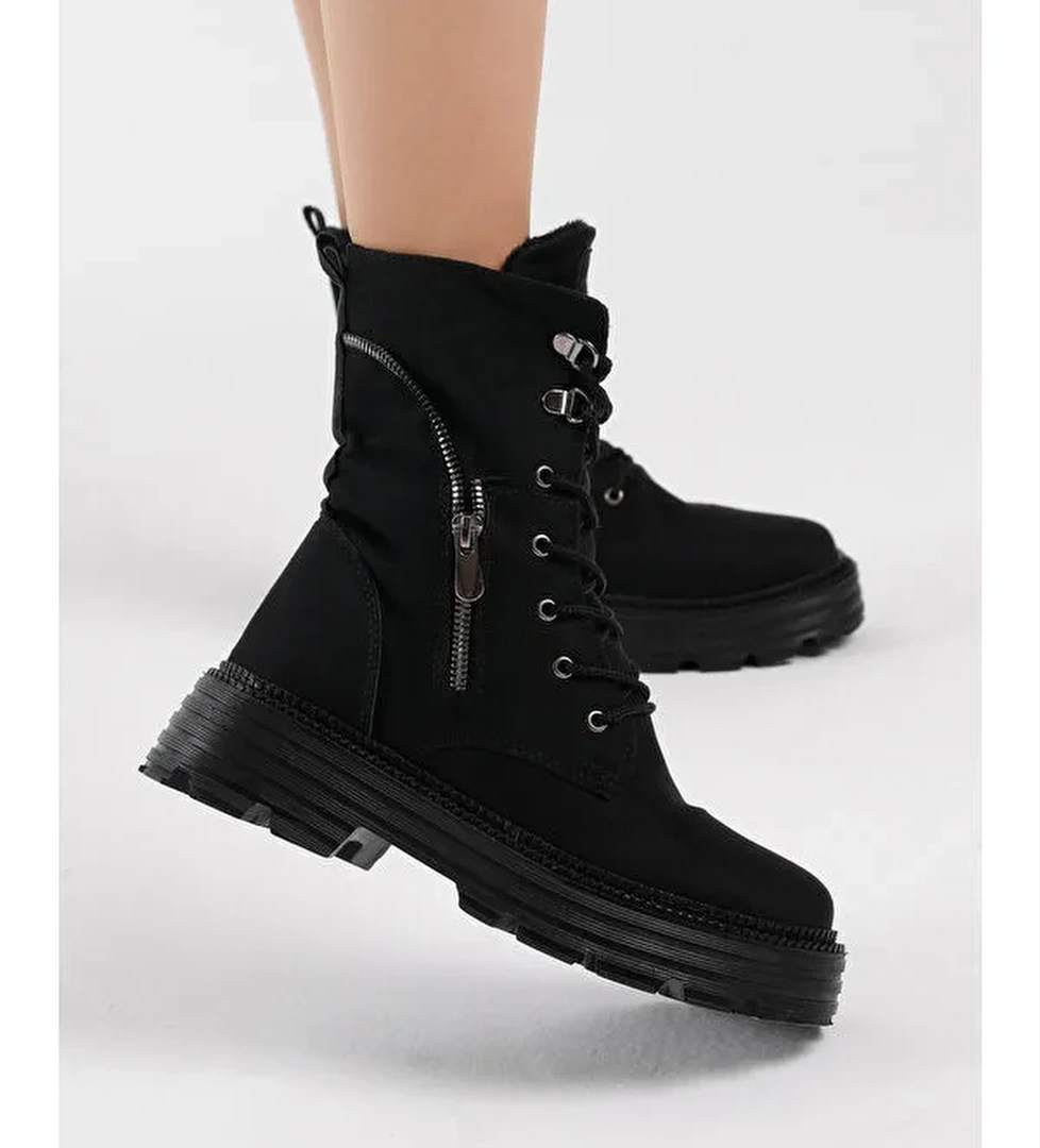 Kadın Siyah Süet Poli Taban Fermuar Detaylı Rahat Kalıp Bağcıklı Bot