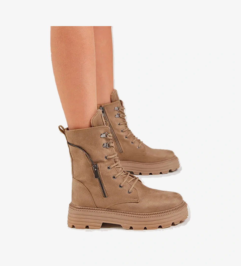 Kadın Vizon Süet Poli Taban Fermuar Detaylı Rahat Kalıp Bağcıklı Bot - Görsel 1