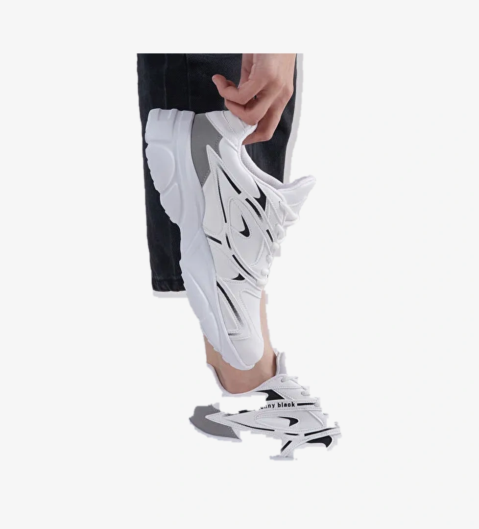 Unisex Beyaz Kalın Faylon Taban Desenli Bağcıklı Spor Ayakkabı