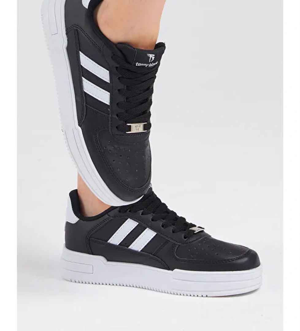 Unisex Siyah Beyaz Yanı Çizgili Bağcıklı Rahat Kalıp Sneaker