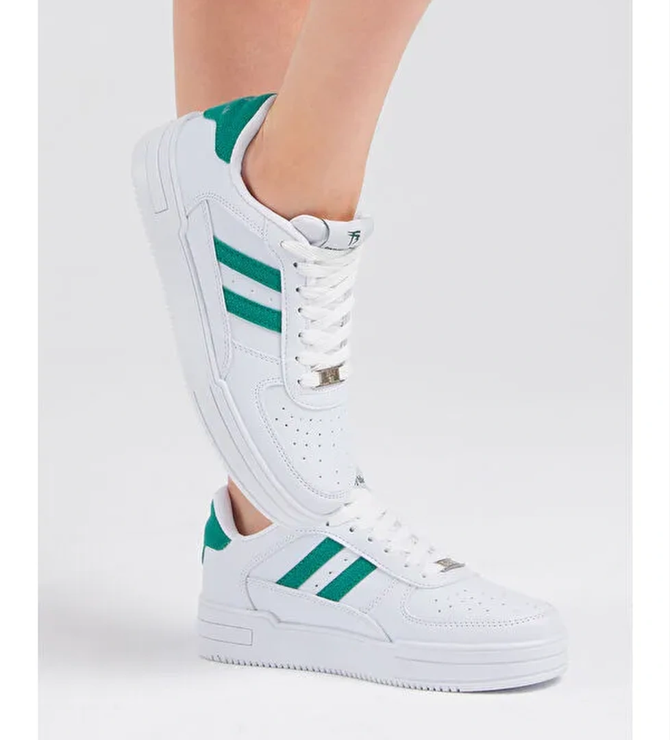 Unisex Beyaz Yeşil Yanı Çizgili Bağcıklı Rahat Kalıp Sneaker