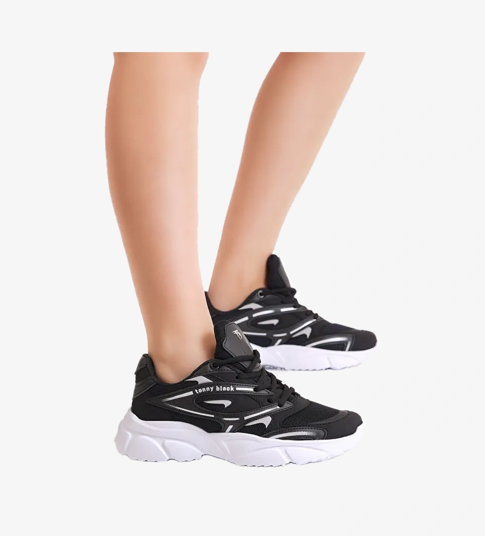 Unisex Siyah Beyaz Kalın Faylon Taban Desenli Bağcıklı Spor Ayakkabı