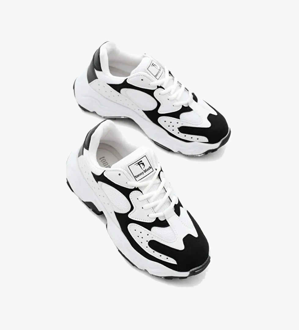 Kadın Beyaz Siyah Rahat Kalıp Yüksek Taban Bağcıklı Spor Ayakkabı