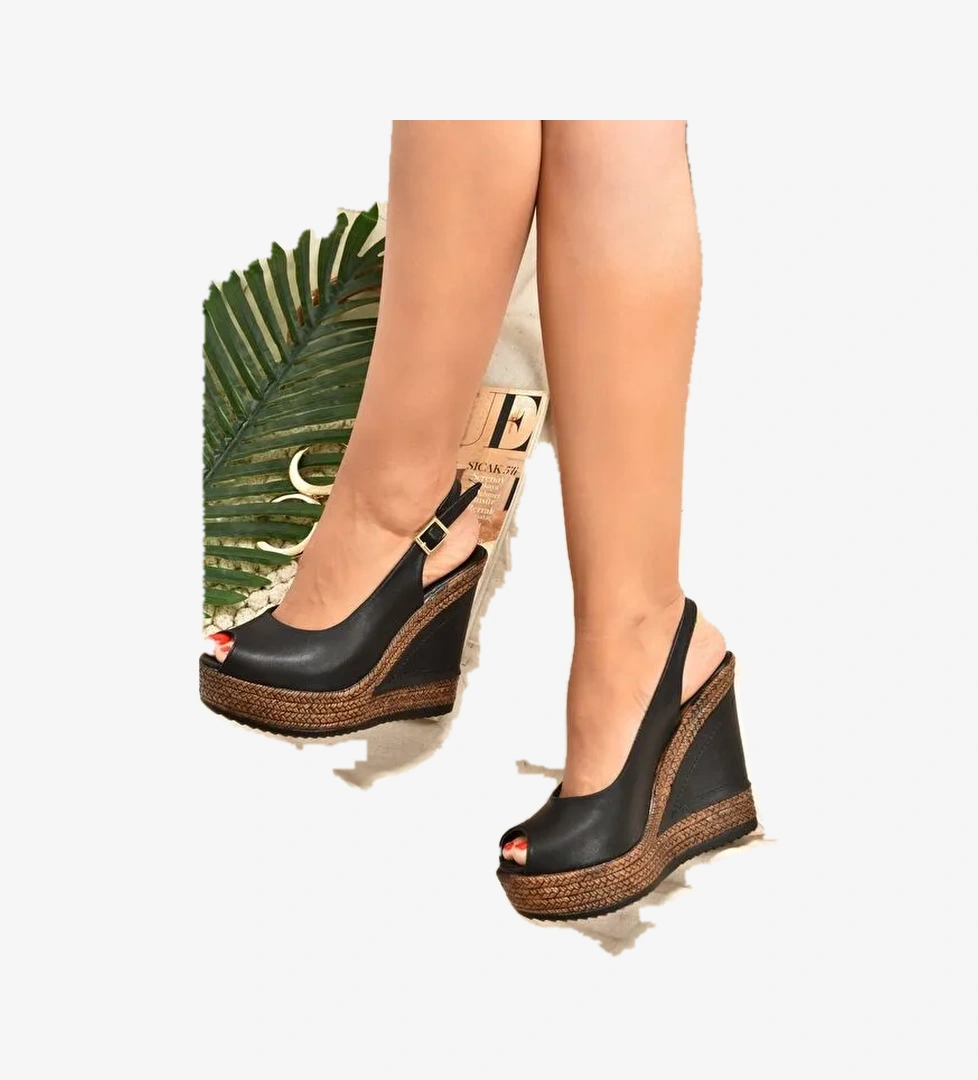 9674070803 Siyah Dolgu Taban Kadın Ayakkabı - Görsel 1