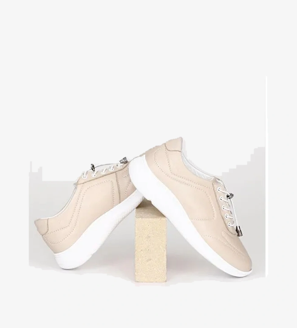 Hakiki Deri Yuvarlak Burun Dolgu Taban Bağcıklı Kadın Sneaker 42320 - Görsel 1