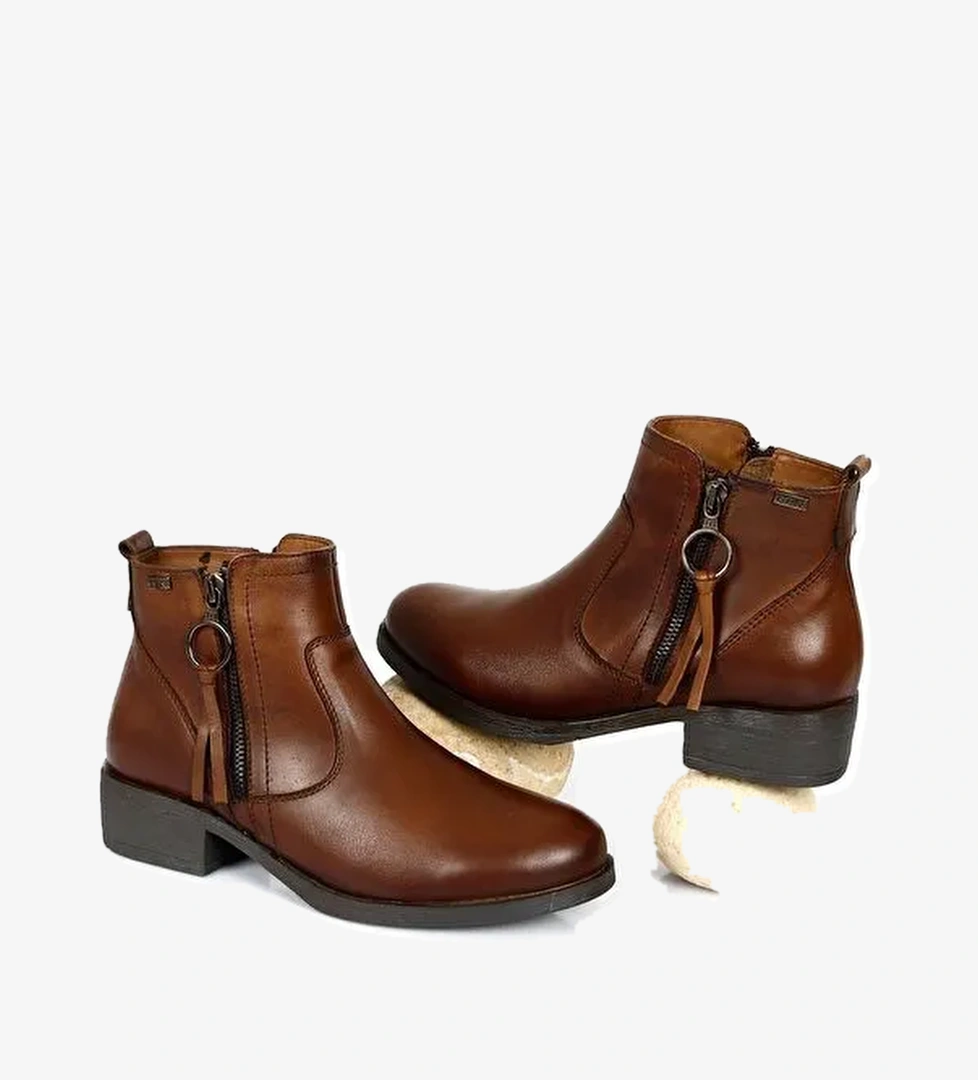 Hakiki Deri Yuvarlak Burun Kauçuk Taban Topuklu Fermuarlı Püsküllü Kadın Günlük Bot 48456 - Görsel 1