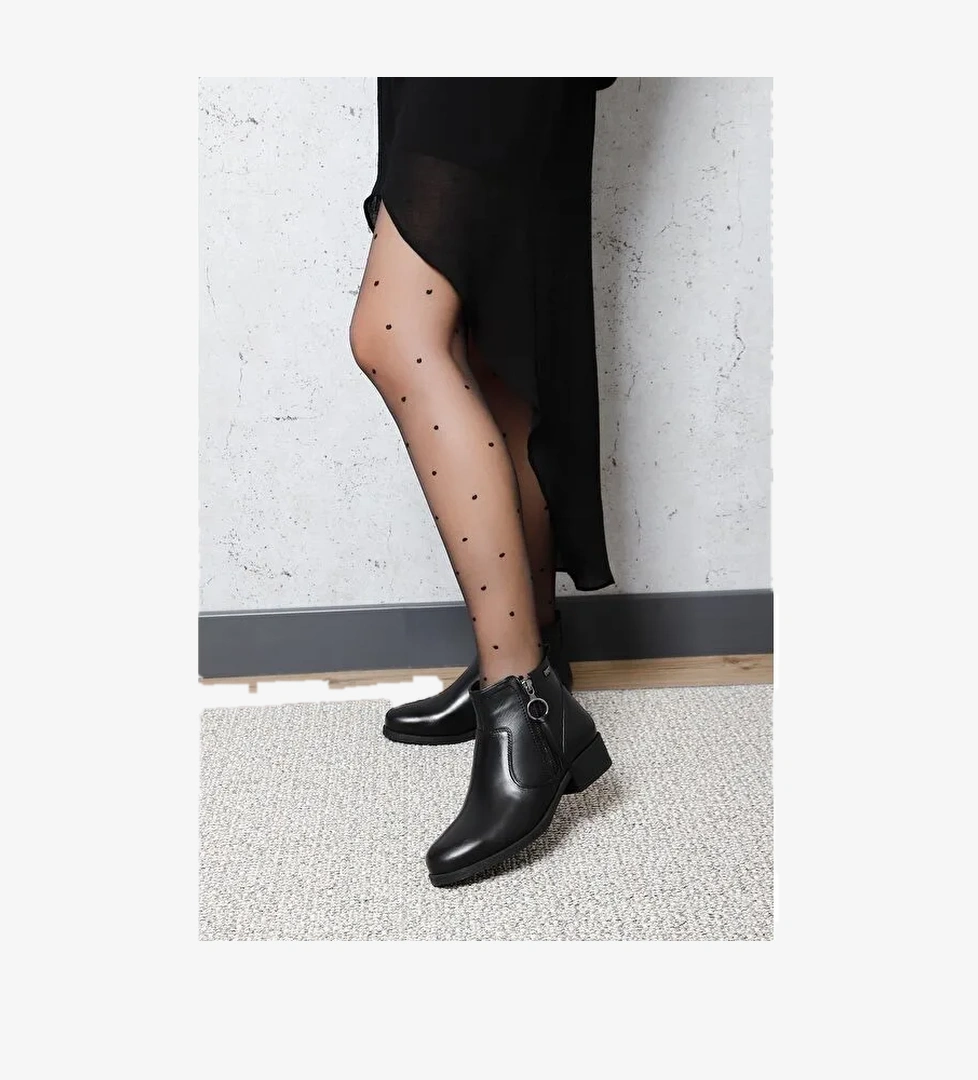 Hakiki Deri Yuvarlak Burun Kauçuk Taban Topuklu Fermuarlı Püsküllü Kadın Günlük Bot 48456 - Görsel 1