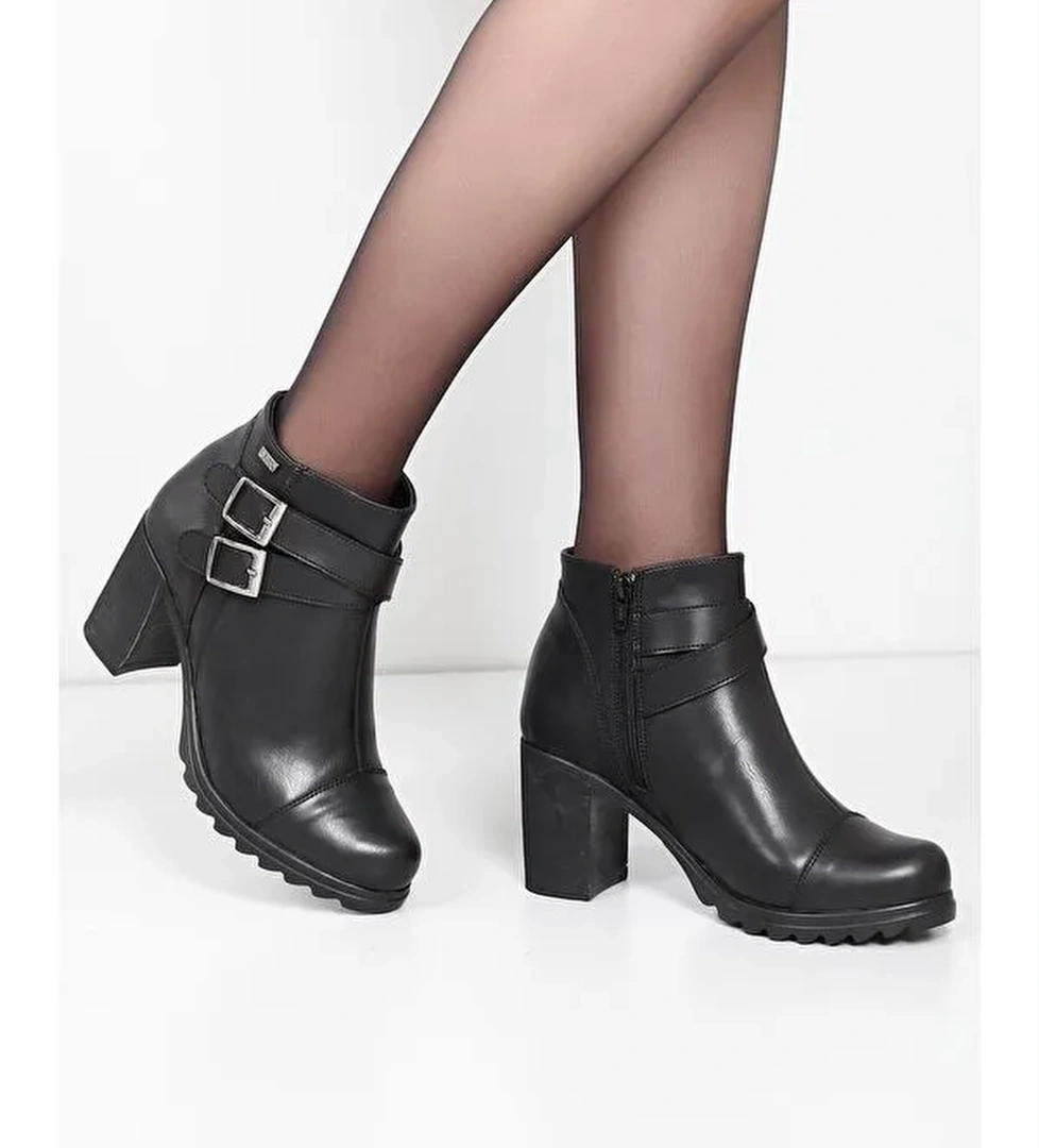 Yuvarlak Burun Kauçuk Taban Topuklu Fermuarlı Tokalı Kadın Günlük Bot 21462 - Görsel 1