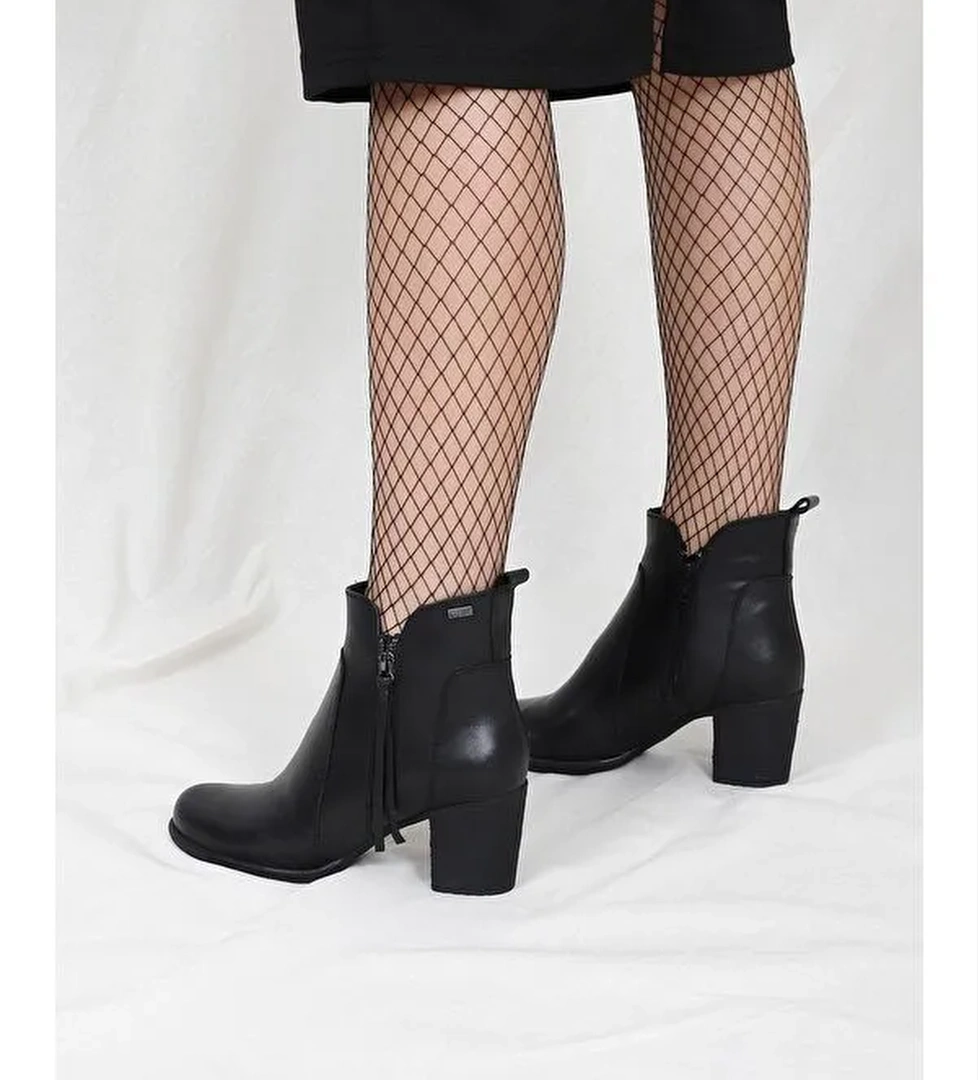 Hakiki Deri Yuvarlak Burun Topuklu Kauçuk Taban Fermuarlı Püsküllü Kadın Günlük Bot 10406 - Görsel 1