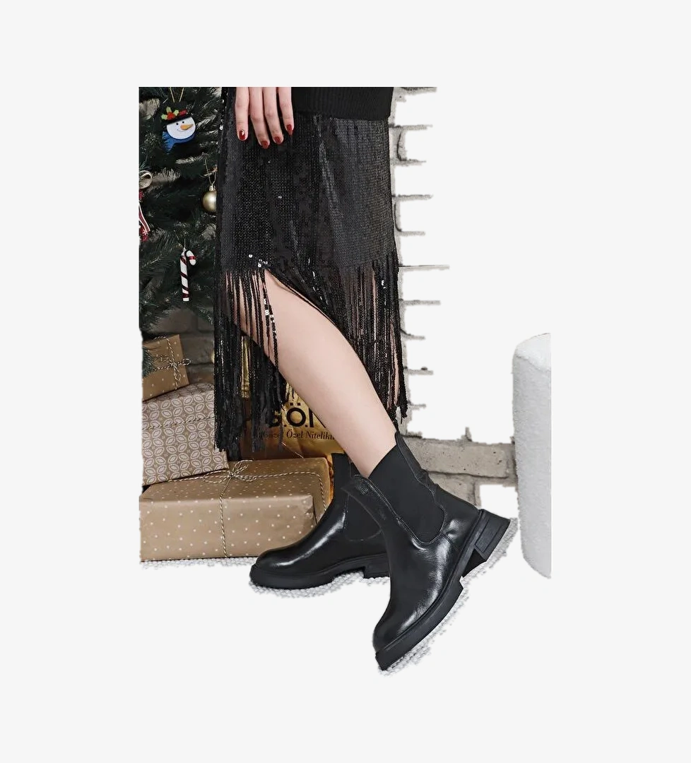 Hakiki Deri Yuvarlak Burun Termo Taban Topuklu Kadın Günlük Chelsea Bot 51457 - Görsel 1