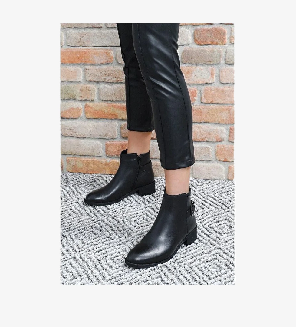 Hakiki Deri Yuvarlak Burun Kauçuk Taban Topuklu Fermuarlı Tokalı Kadın Günlük Bot 50415 - Görsel 1