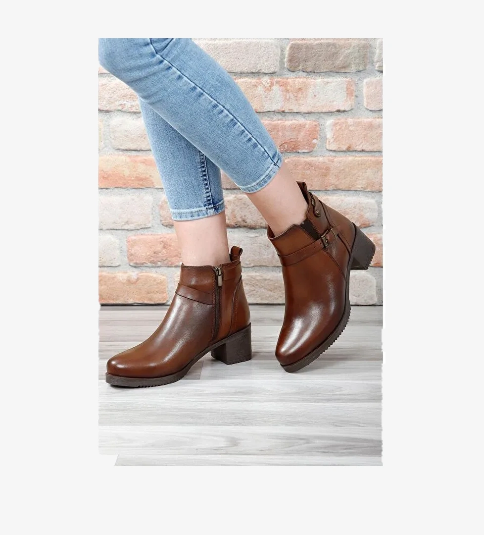 Gönderi̇(r) Hakiki Deri Yuvarlak Burun Topuklu Fermuarlı Tokalı Kadın Günlük Bot 48491 model görseli