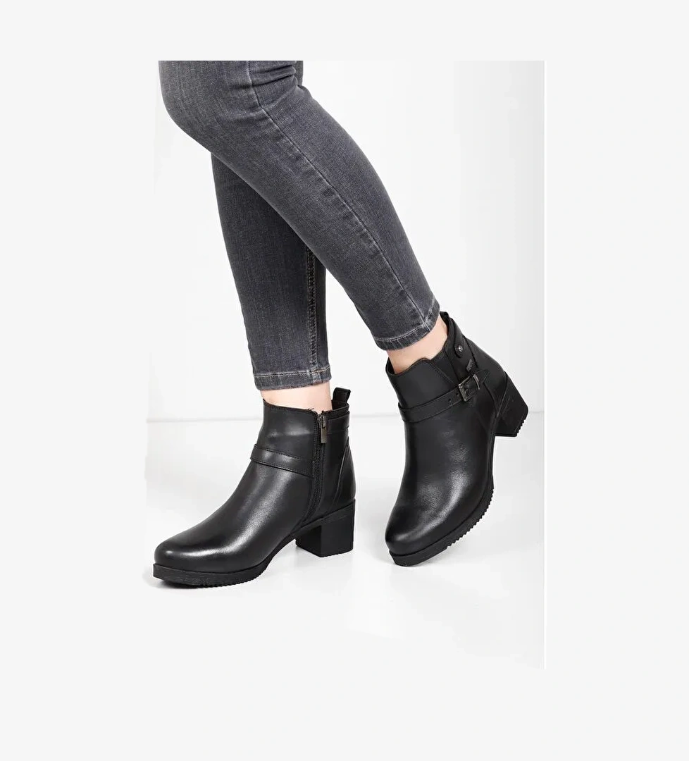 Hakiki Deri Yuvarlak Burun Topuklu Fermuarlı Tokalı Kadın Günlük Bot 48491 - Görsel 1