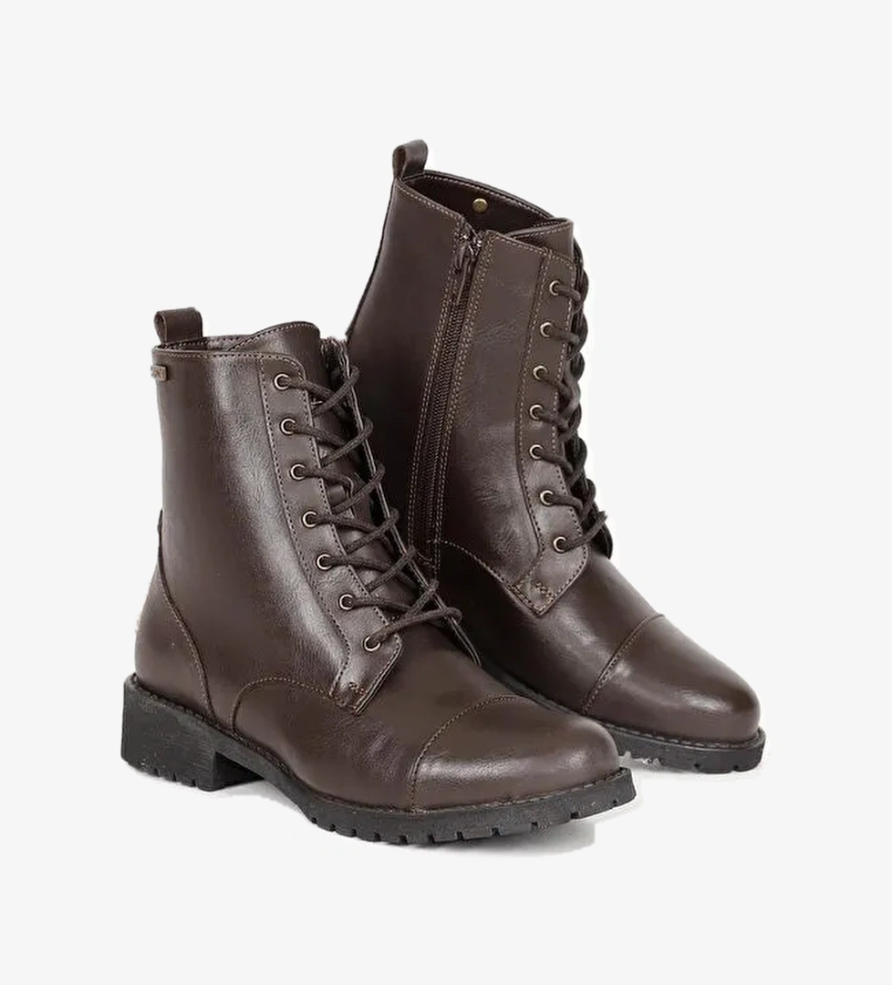 Yuvarlak Burun Kauçuk Taban Topuklu Fermuarlı Bağcıklı Kadın Günlük Postal Bot 20498 - Görsel 1