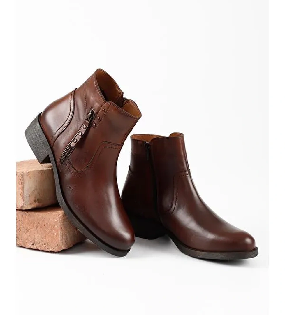Hakiki Deri Yuvarlak Burun Topuklu Fermuarlı Püsküllü Kadın Günlük Bot 47440 - Görsel 1