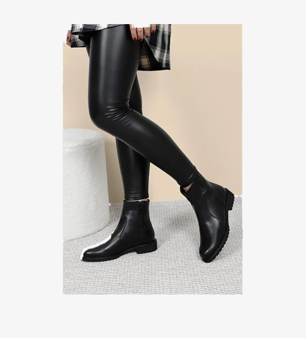 Hakiki Deri Yuvarlak Burun Topuklu Kauçuk Taban Fermuarlı Kadın Günlük Bot 47408 - Görsel 1