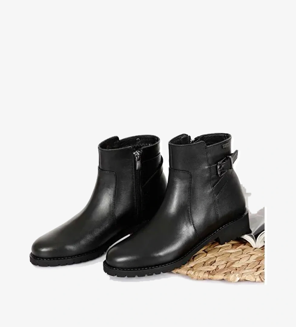 Hakiki Deri Yuvarlak Burun Kauçuk Taban Topuklu Fermuarlı Tokalı Kadın Günlük Bot 46460 - Görsel 1