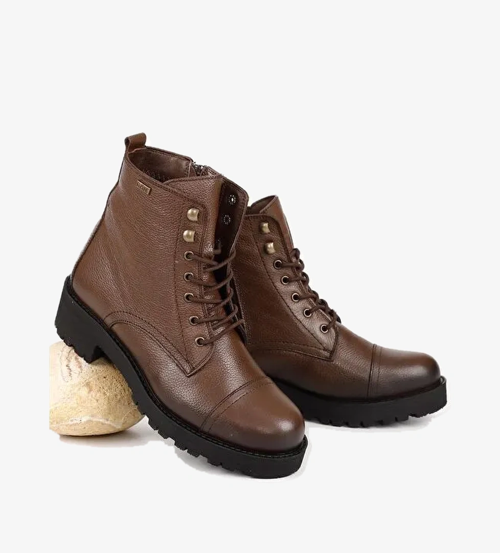 Hakiki Deri Yuvarlak Burun Kauçuk Taban Topuklu Fermuarlı Bağcıklı Kadın Günlük Postal Bot 46461 - Görsel 1