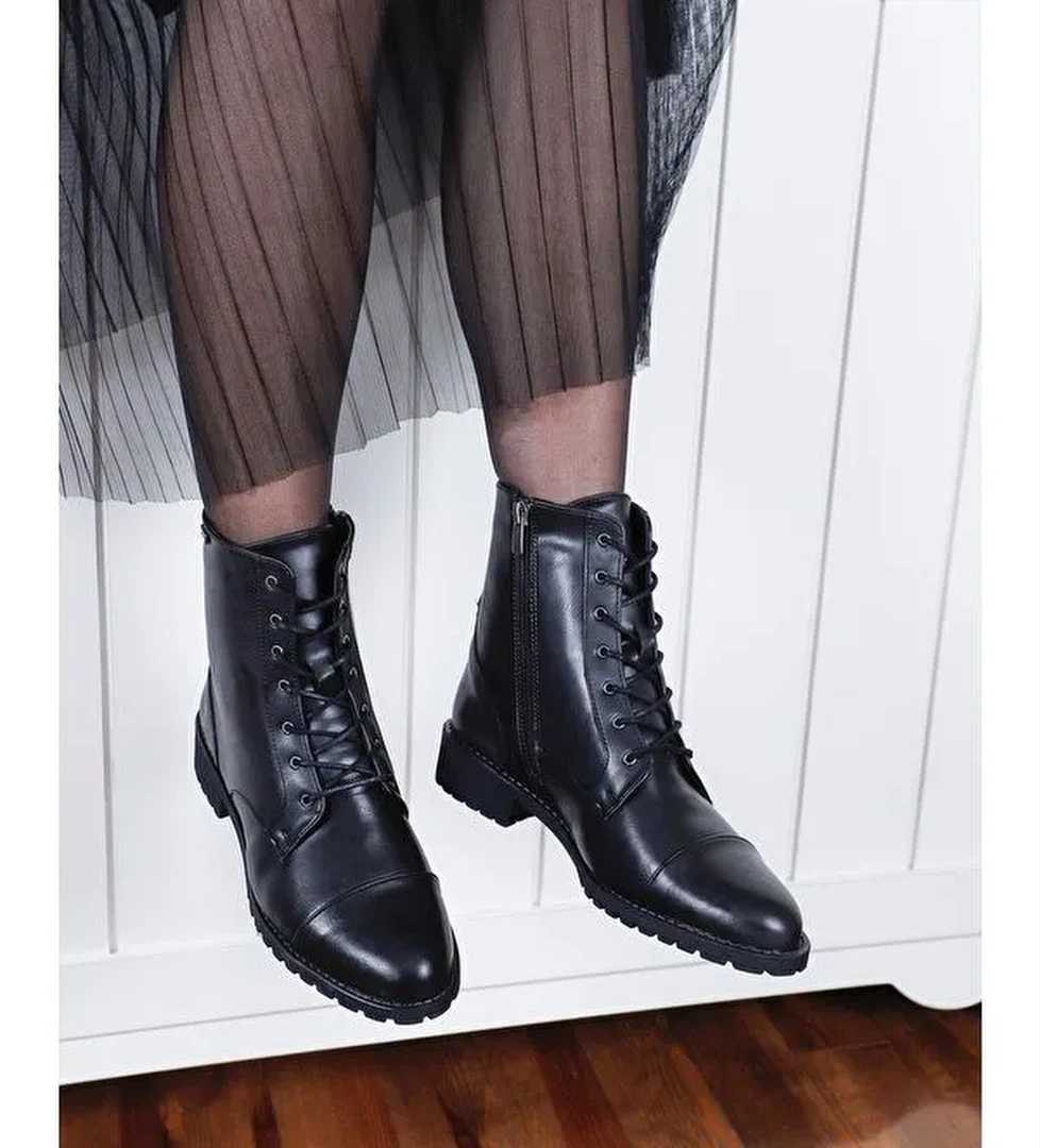 Yuvarlak Burun Kauçuk Taban Topuklu Fermuarlı Bağcıklı Kadın Günlük Postal Bot 20498 - Görsel 1