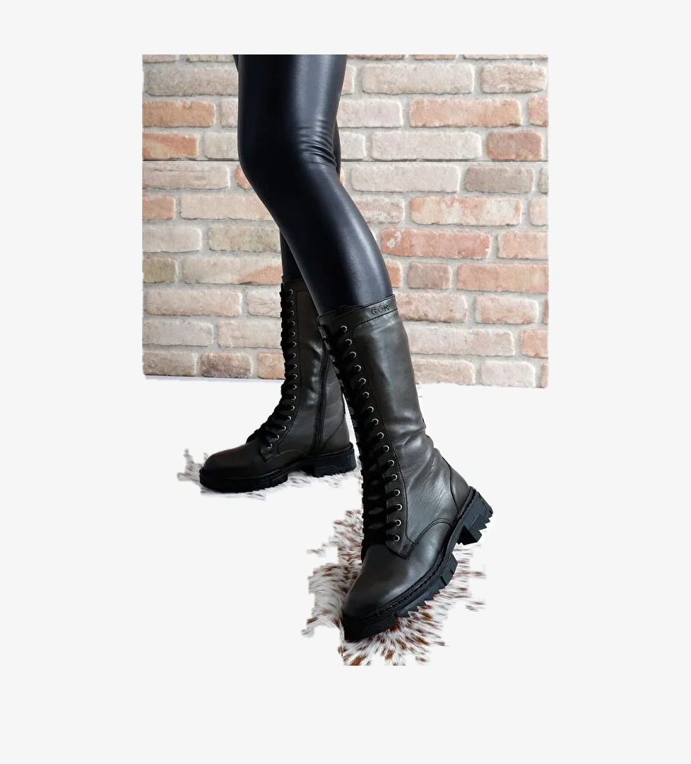 Hakiki Deri Yuvarlak Burunlu Bağcıklı Fermuarlı Kadın Çizme 46548 - Görsel 1