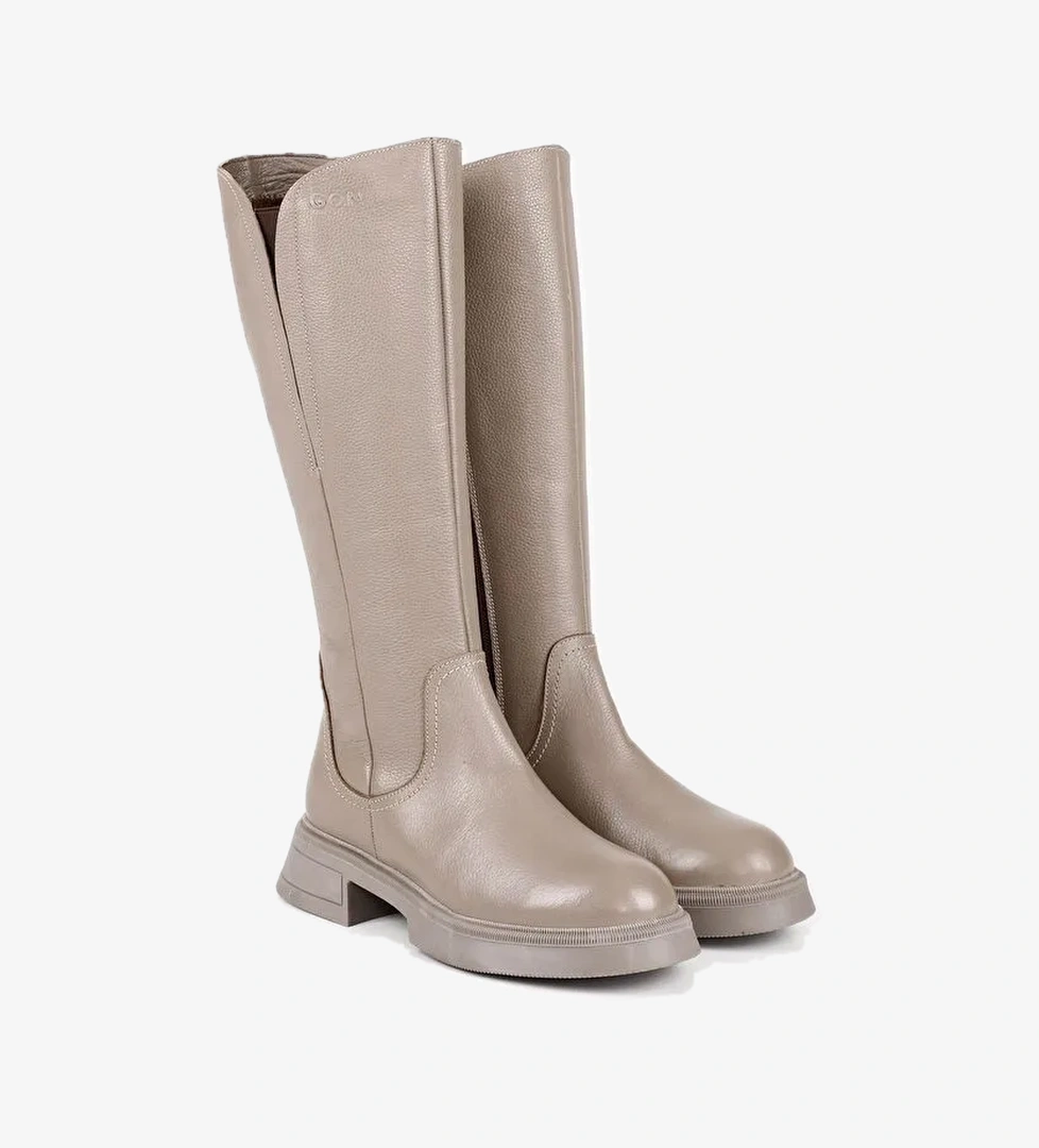 Hakiki Deri Yuvarlak Burun Topuklu Fermuarlı Kadın Günlük Çizme 46598 - Görsel 1