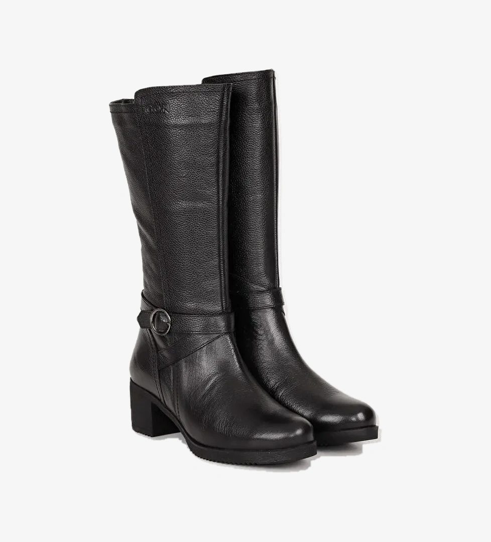 Hakiki Deri Yuvarlak Burun Kauçuk Taban Topuklu Fermuarlı Tokalı Kadın Günlük Çizme 46575 - Görsel 1