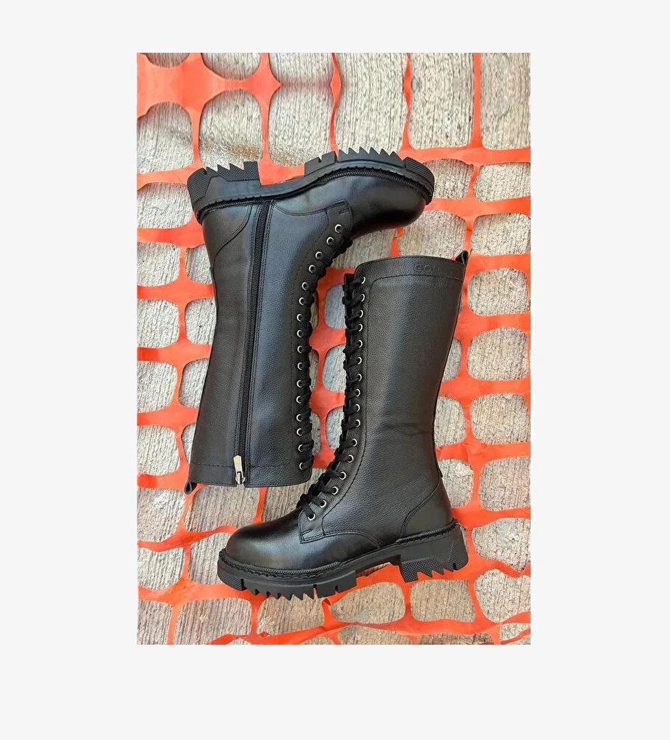 Gönderi̇(r) Hakiki Deri Yuvarlak Burunlu Bağcıklı Fermuarlı Kadın Çizme 46548 model görseli