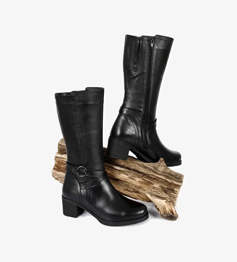 Gönderi̇(r) Hakiki Deri Yuvarlak Burun Kauçuk Taban Topuklu Fermuarlı Tokalı Kadın Günlük Çizme 46575 model görseli