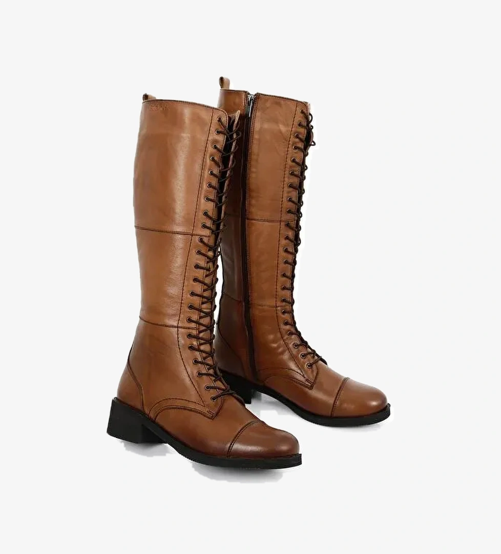 Hakiki Deri Yuvarlak Burun Kauçuk Taban Topuklu Bağcıklı Kadın Günlük Çizme 46577 - Görsel 1