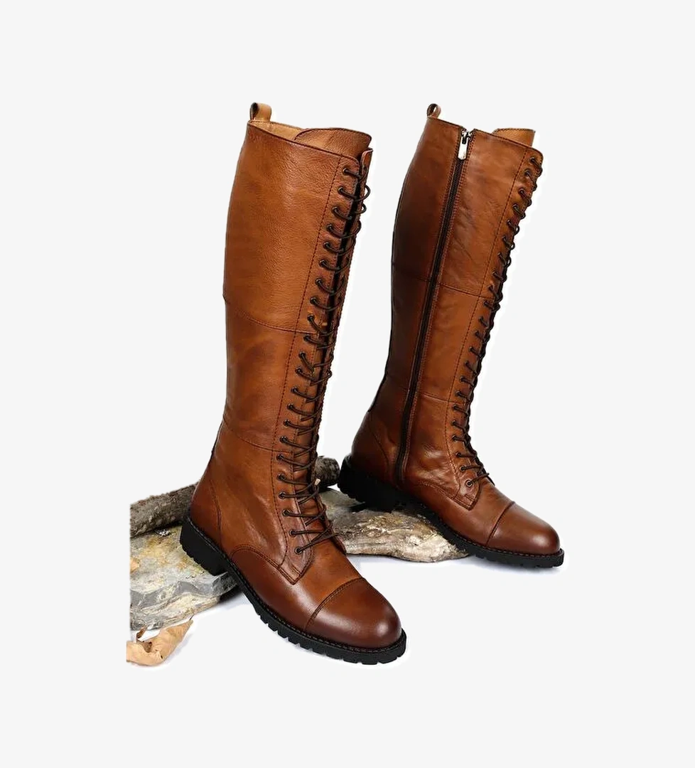 Hakiki Deri Yuvarlak Burun Kauçuk Taban Topuklu Bağcıklı Kadın Günlük Çizme 64601 - Görsel 1