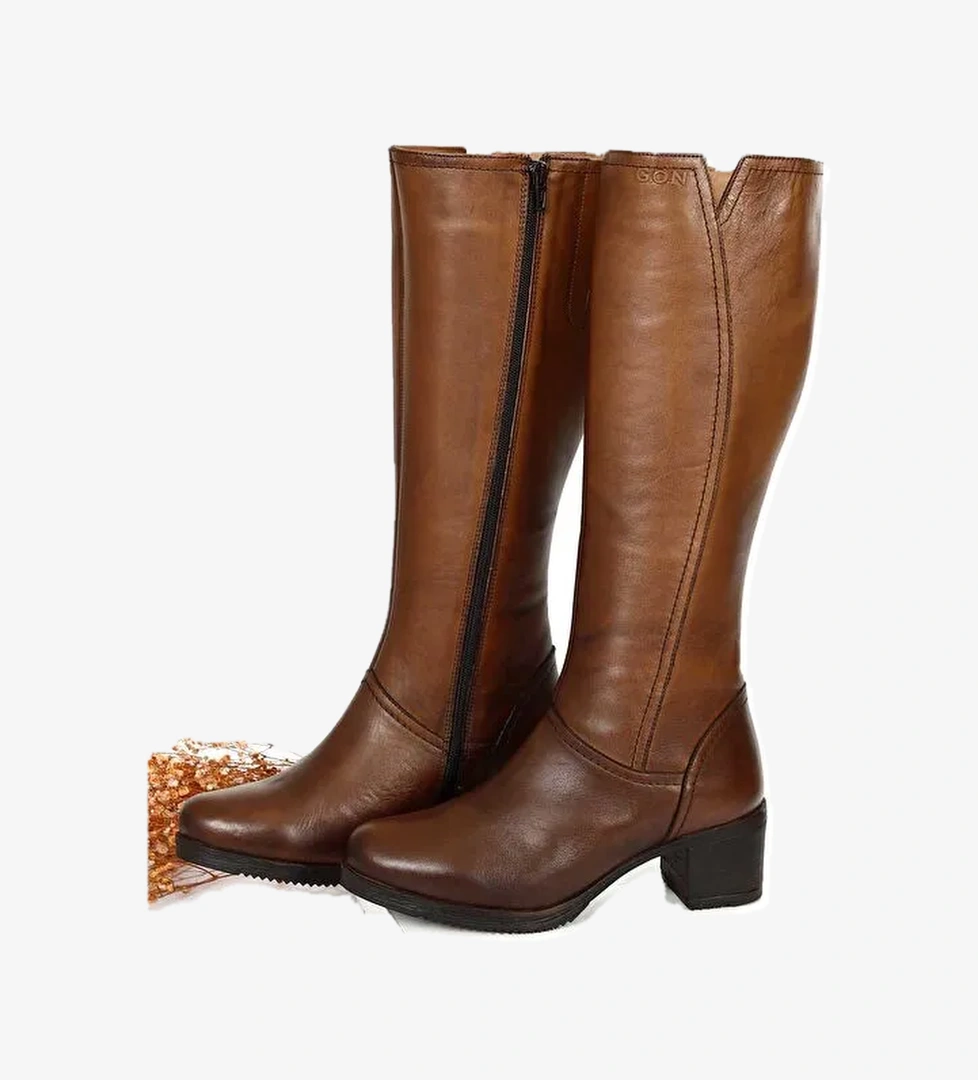 Gönderi̇(r) Hakiki Deri Yuvarlak Burun Kauçuk Taban Topuklu Fermuarlı Kadın Günlük Çizme 46529 model görseli