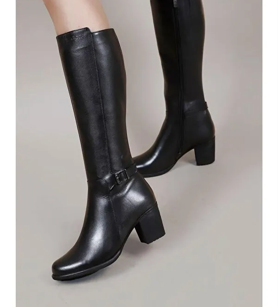 Hakiki Deri Yuvarlak Burun Kauçuk Taban Topuklu Fermuarlı Tokalı Kadın Günlük Çizme 46501 - Görsel 1