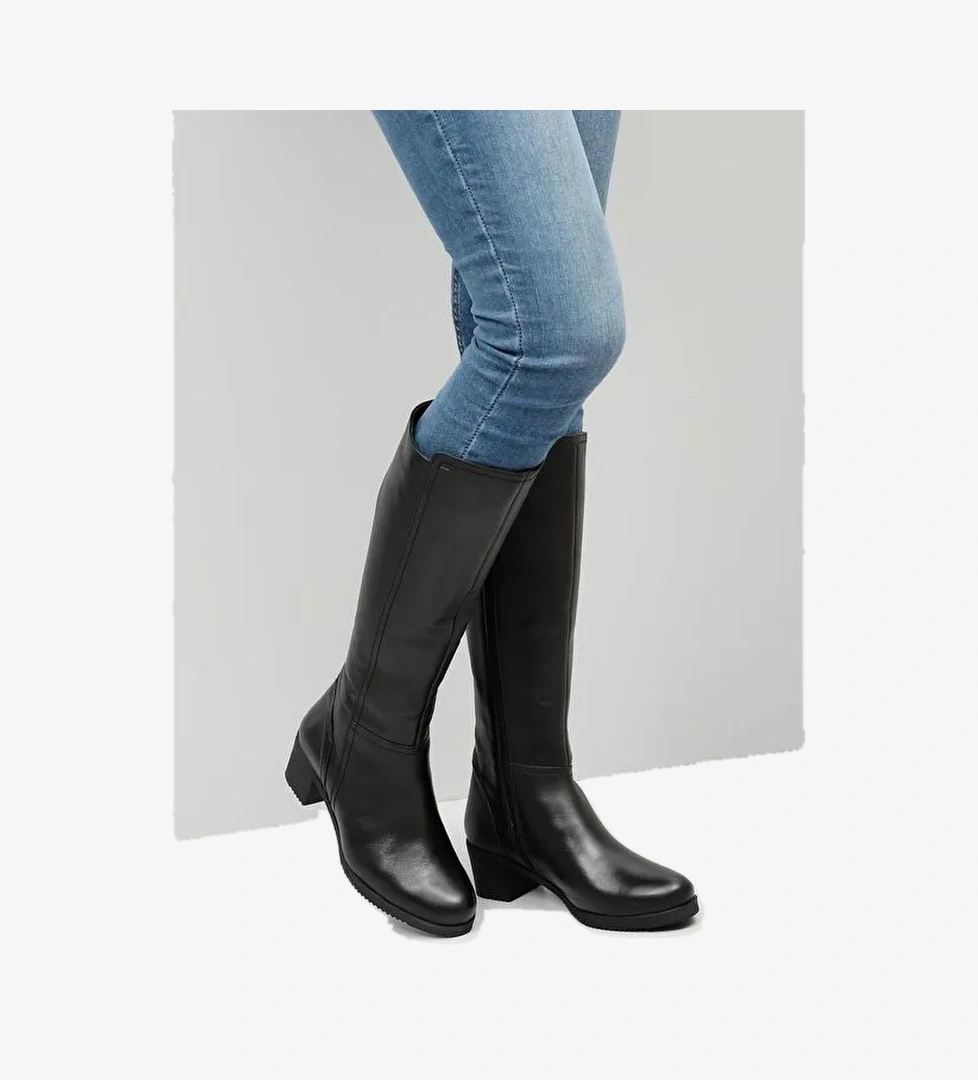 Hakiki Deri Yuvarlak Burun Kauçuk Taban Topuklu Fermuarlı Kadın Günlük Çizme 44567 - Görsel 1