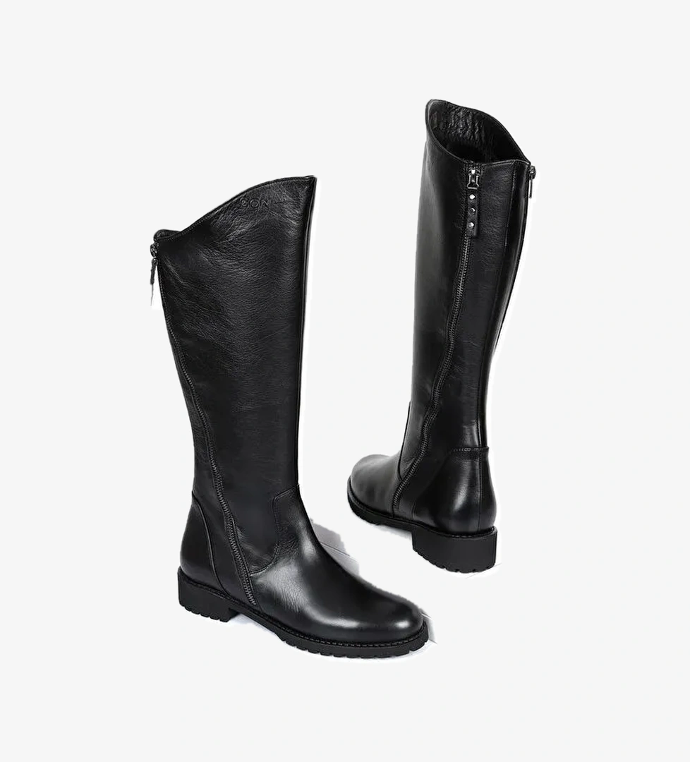 Hakiki Deri Yuvarlak Burun Kauçuk Taban Topuklu Fermuarlı Kadın Günlük Çizme 44556 - Görsel 1